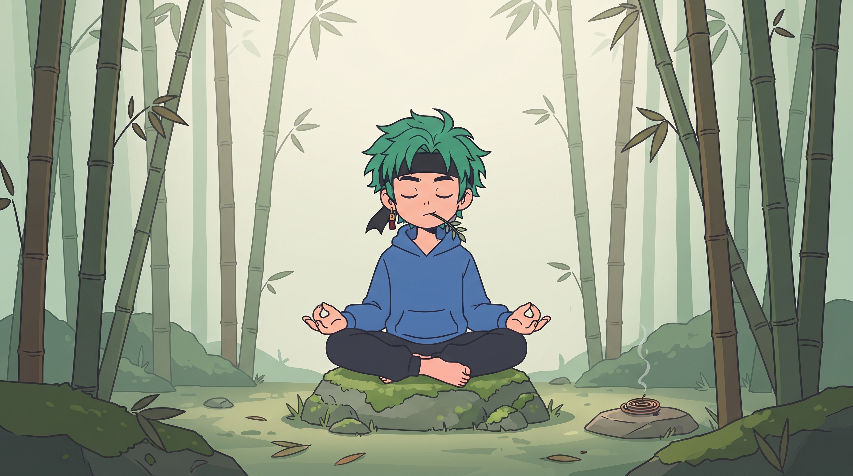 A Ramuki meditating in a bamboo forest