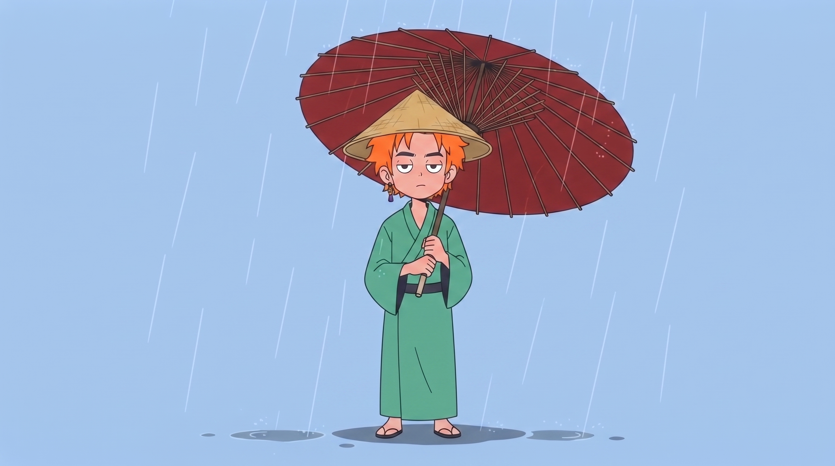 A Ramuki standing in the rain with an umbrella