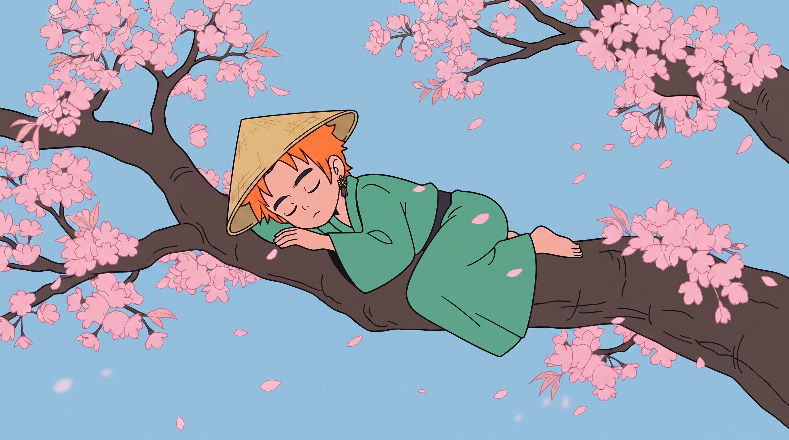 A Ramuki sleeping beneath cherry blossoms
