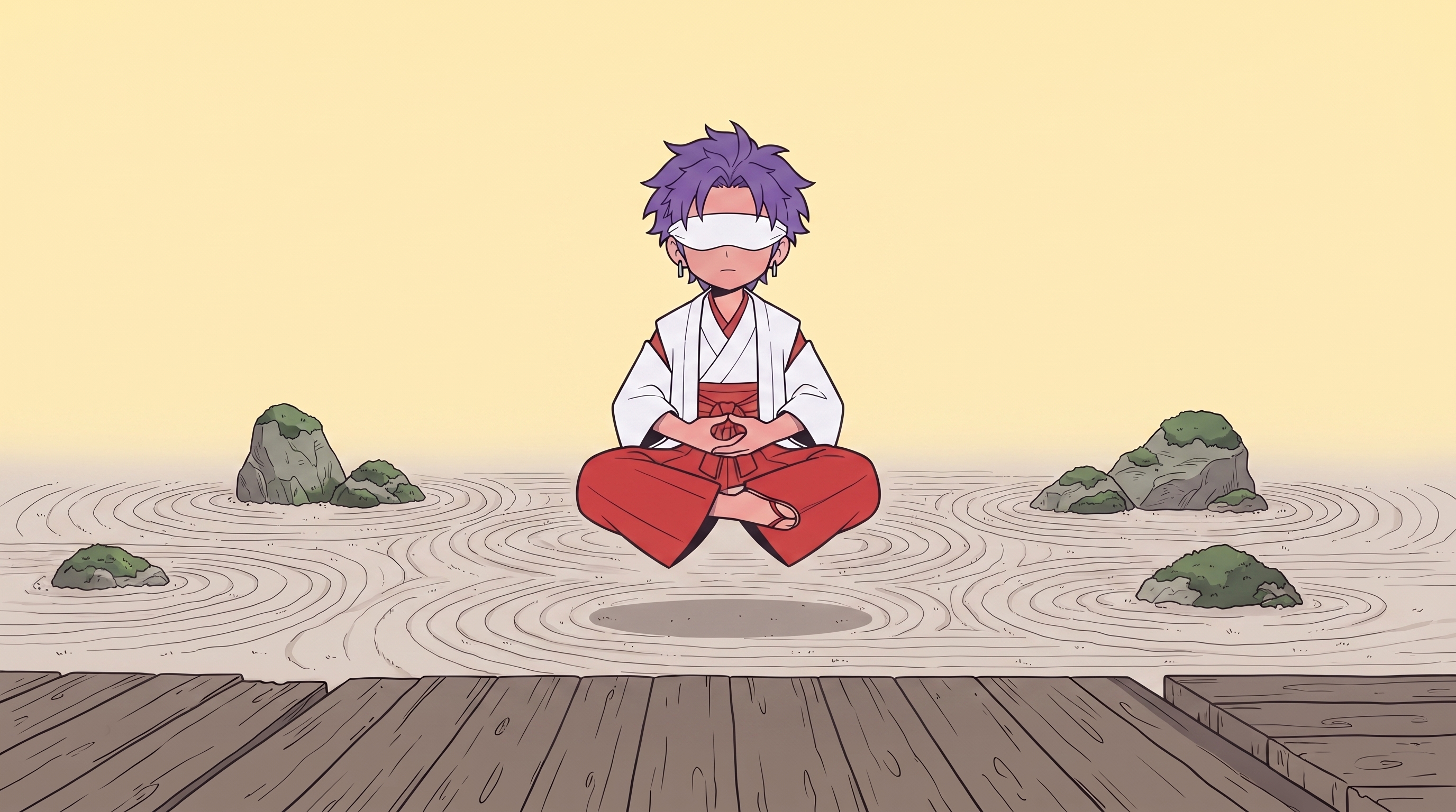 A Ramuki meditating in a zen garden